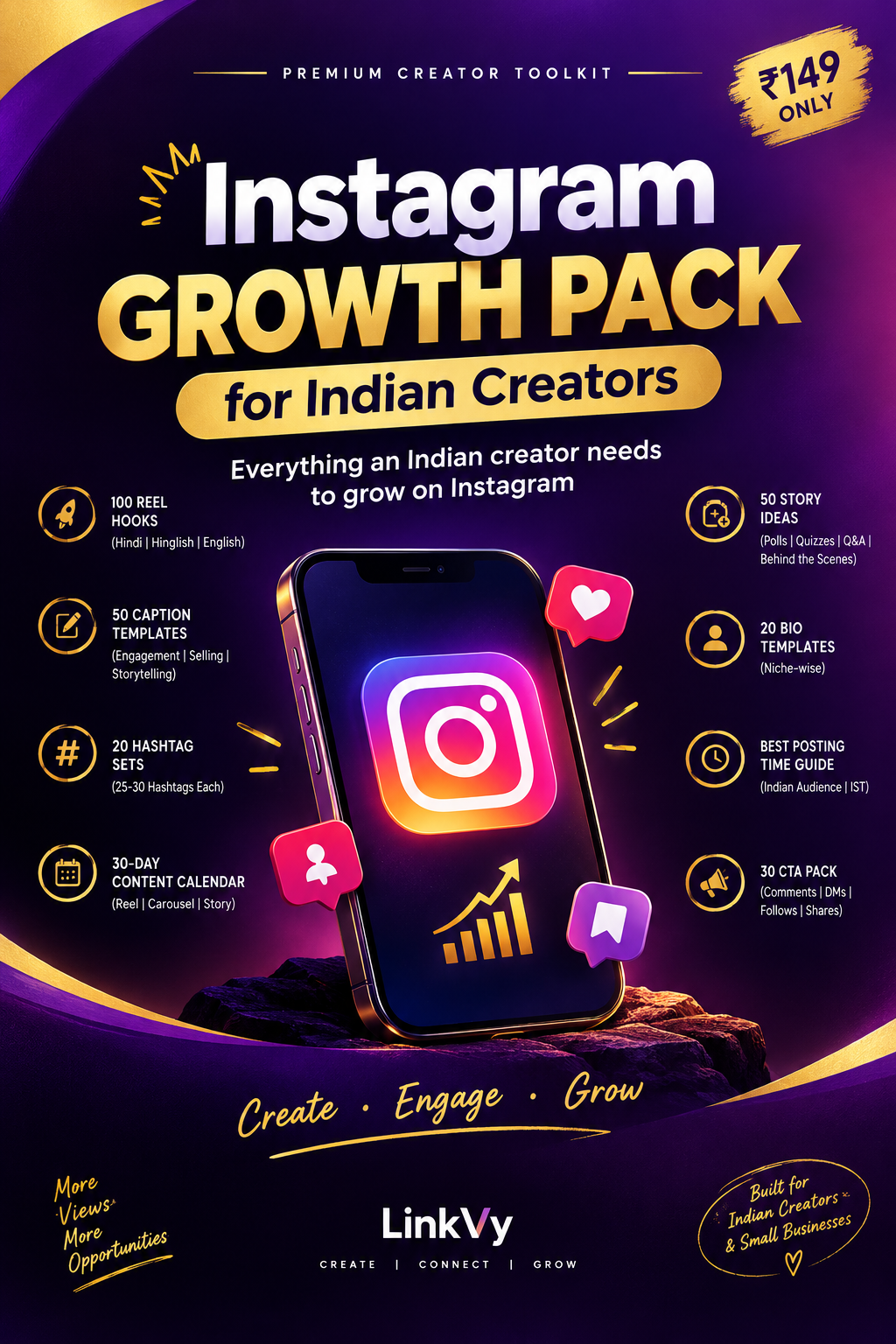 Instagram Growth Pack for Indian Creators – 30-Day Content Calendar, 100 Hooks & 50 Captions